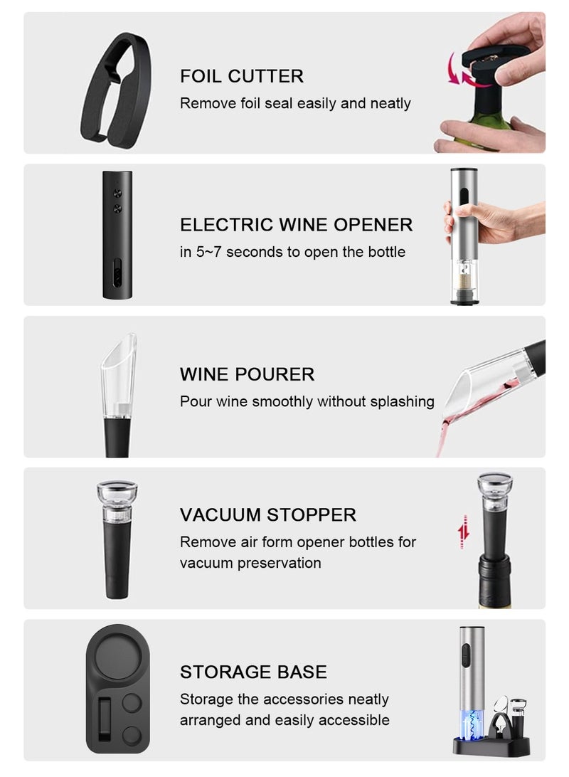 هومار كيت طقم فتاحة نبيذ كهربائية - فتاحة نبيذ تعمل بالبطارية مع قاطع رقائق معدنية، غلاف من الفولاذ المقاوم للصدأ، ضوء LED ونافذة شفافة، موزع نبيذ مهوية، سدادة شفط وقاعدة للاستخدام المنزلي، البار والحفلات - Image 2